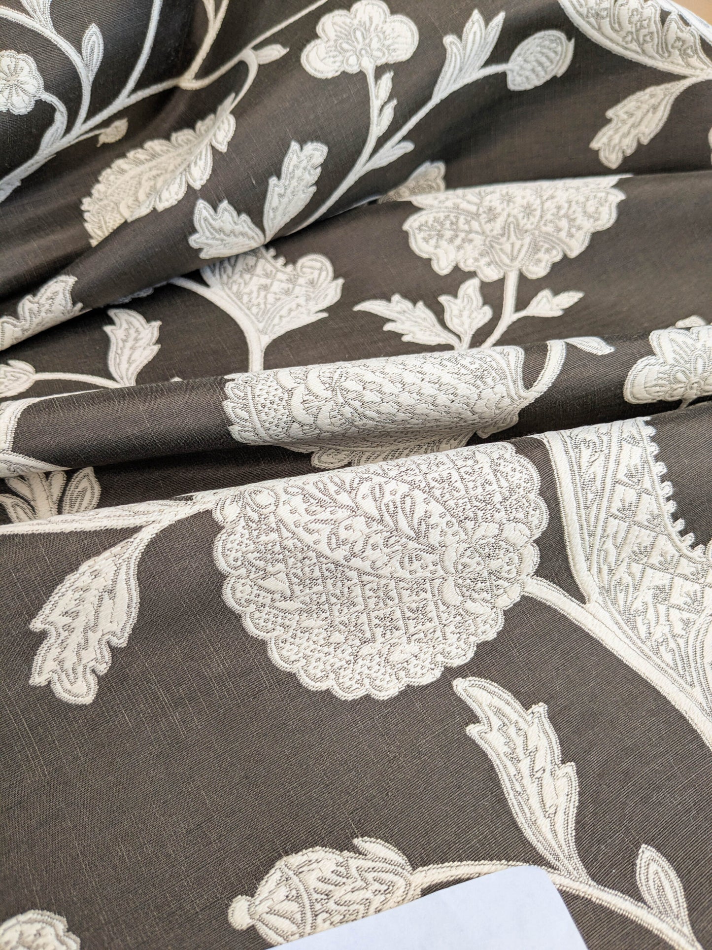 Scalamandre Bombay Lace Ivory on Bitter Chocolate Brown Silver White Botanical Foliage Large Pattern