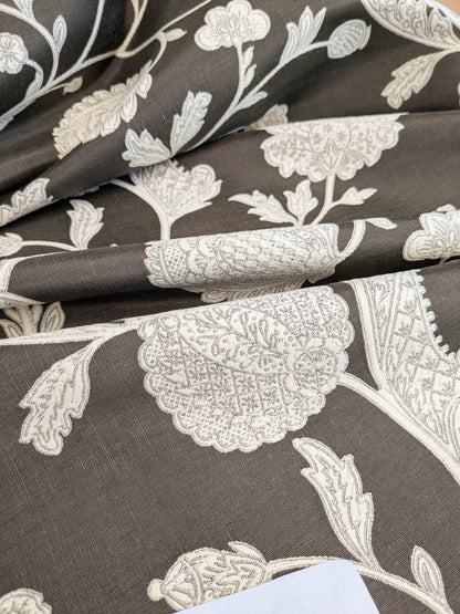 Scalamandre Bombay Lace Ivory on Bitter Chocolate Brown Silver White Botanical Foliage Large Pattern