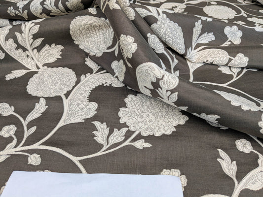 Scalamandre Bombay Lace Ivory on Bitter Chocolate Brown Silver White Botanical Foliage Large Pattern