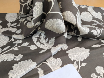 Scalamandre Bombay Lace Ivory on Bitter Chocolate Brown Silver White Botanical Foliage Large Pattern