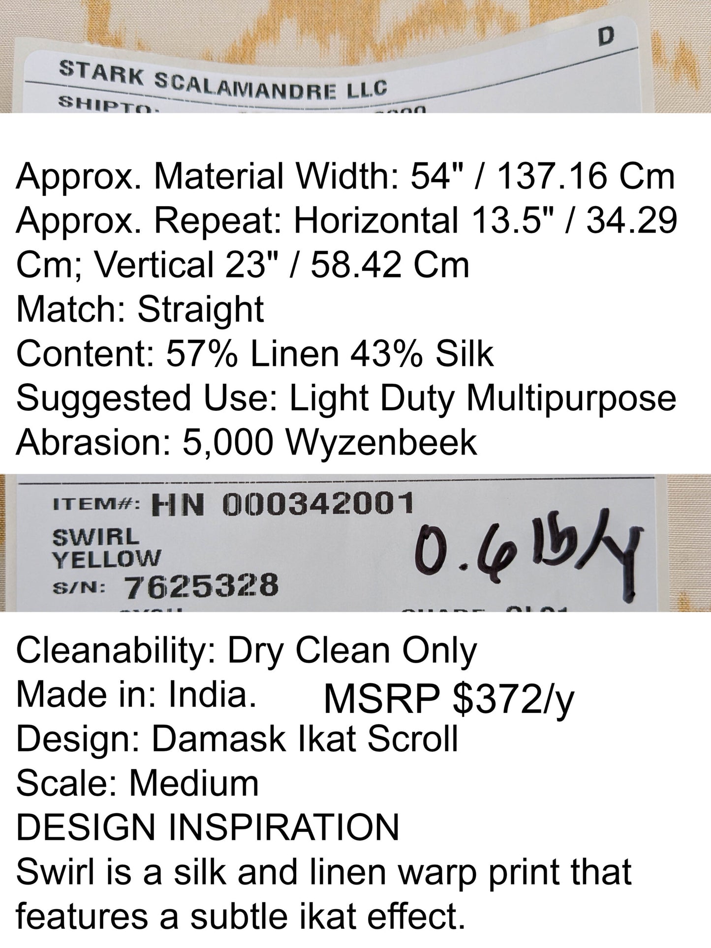 Scalamandre Swirl Yellow White Scroll Damask Ikat Linen Silk Refreshing MSRP USD 372/y