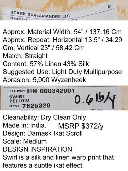 Scalamandre Swirl Yellow White Scroll Damask Ikat Linen Silk Refreshing MSRP USD 372/y