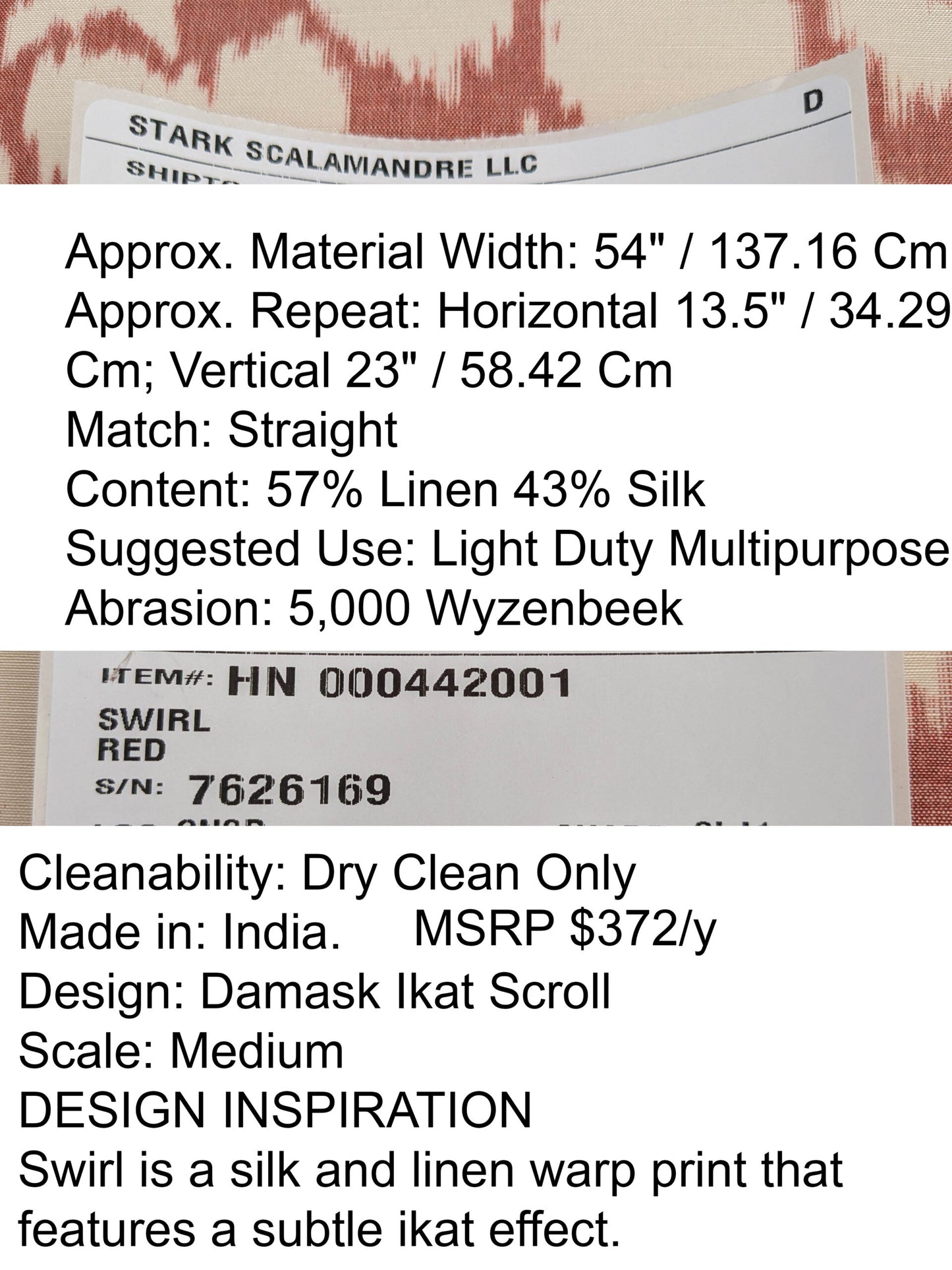 Scalamandre Swirl Red White Scroll Damask Ikat Linen Silk MSRP USD 372/y