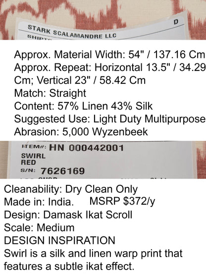 Scalamandre Swirl Red White Scroll Damask Ikat Linen Silk MSRP USD 372/y