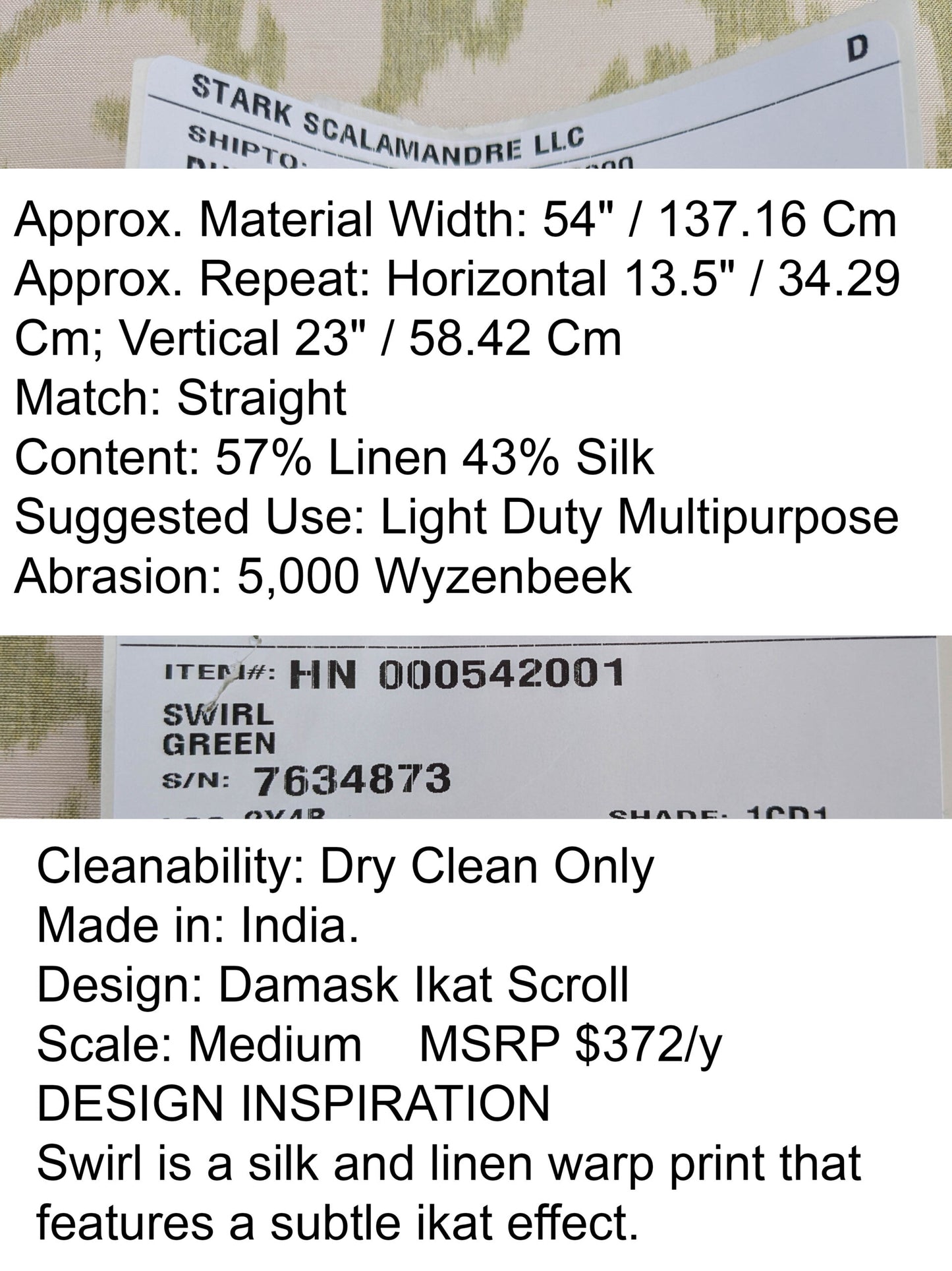 Scalamandre Swirl Green White Scroll Damask Ikat Linen Silk MSRP USD 372/y