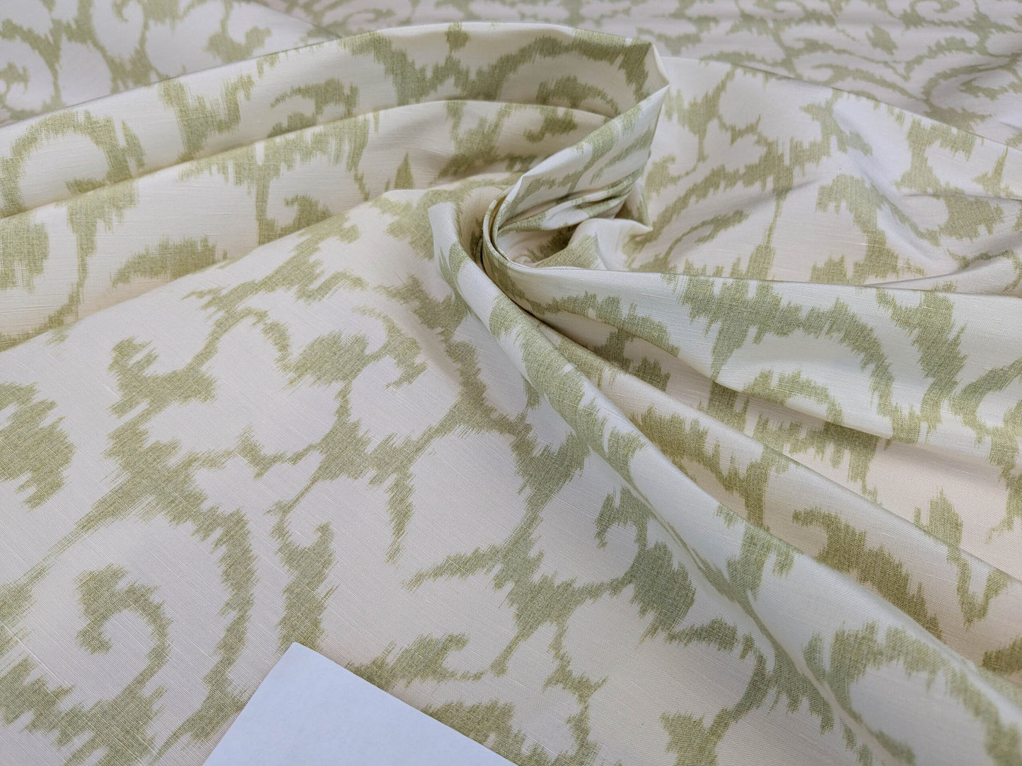 Scalamandre Swirl Green White Scroll Damask Ikat Linen Silk MSRP USD 372/y