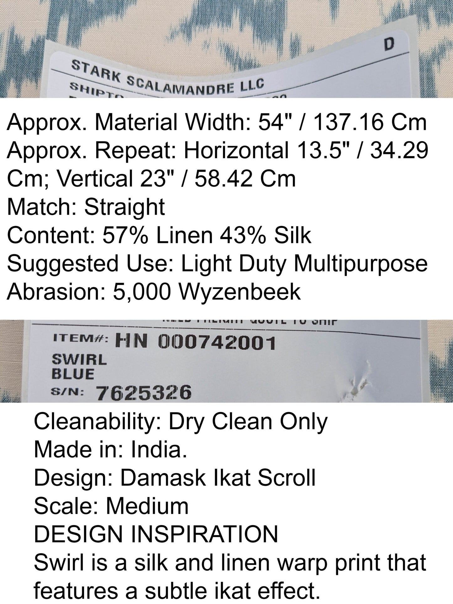 Scalamandre Swirl Blue White Scroll Damask Ikat Linen Silk MSRP USD 372/y