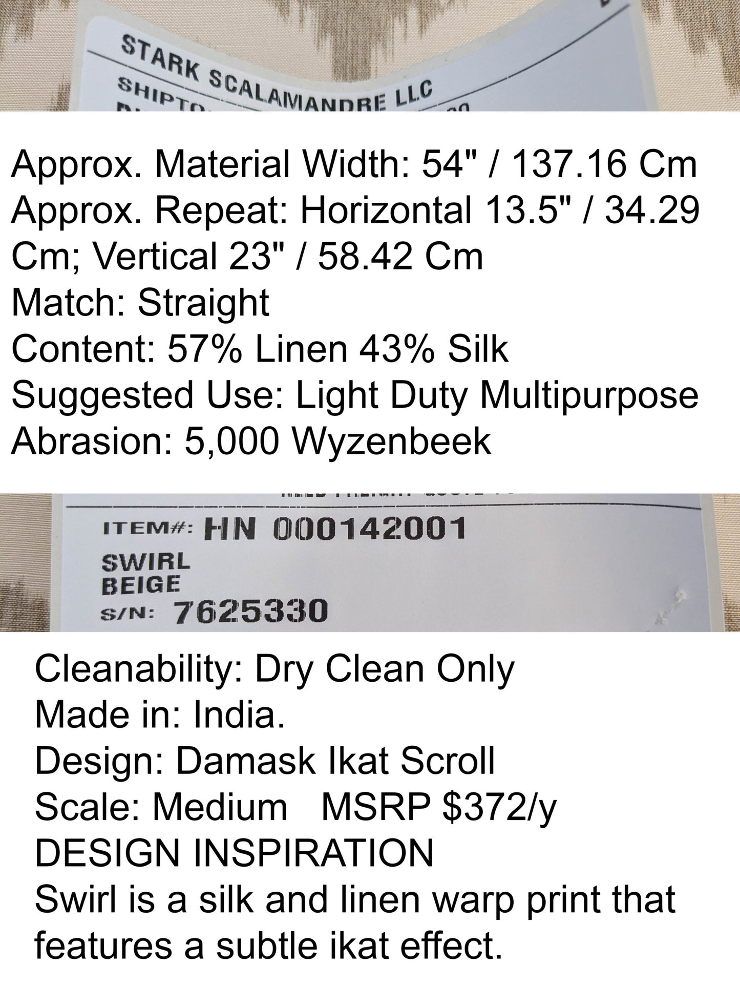 Scalamandre Swirl Beige  White Scroll Damask Ikat Linen Silk MSRP USD 372/y