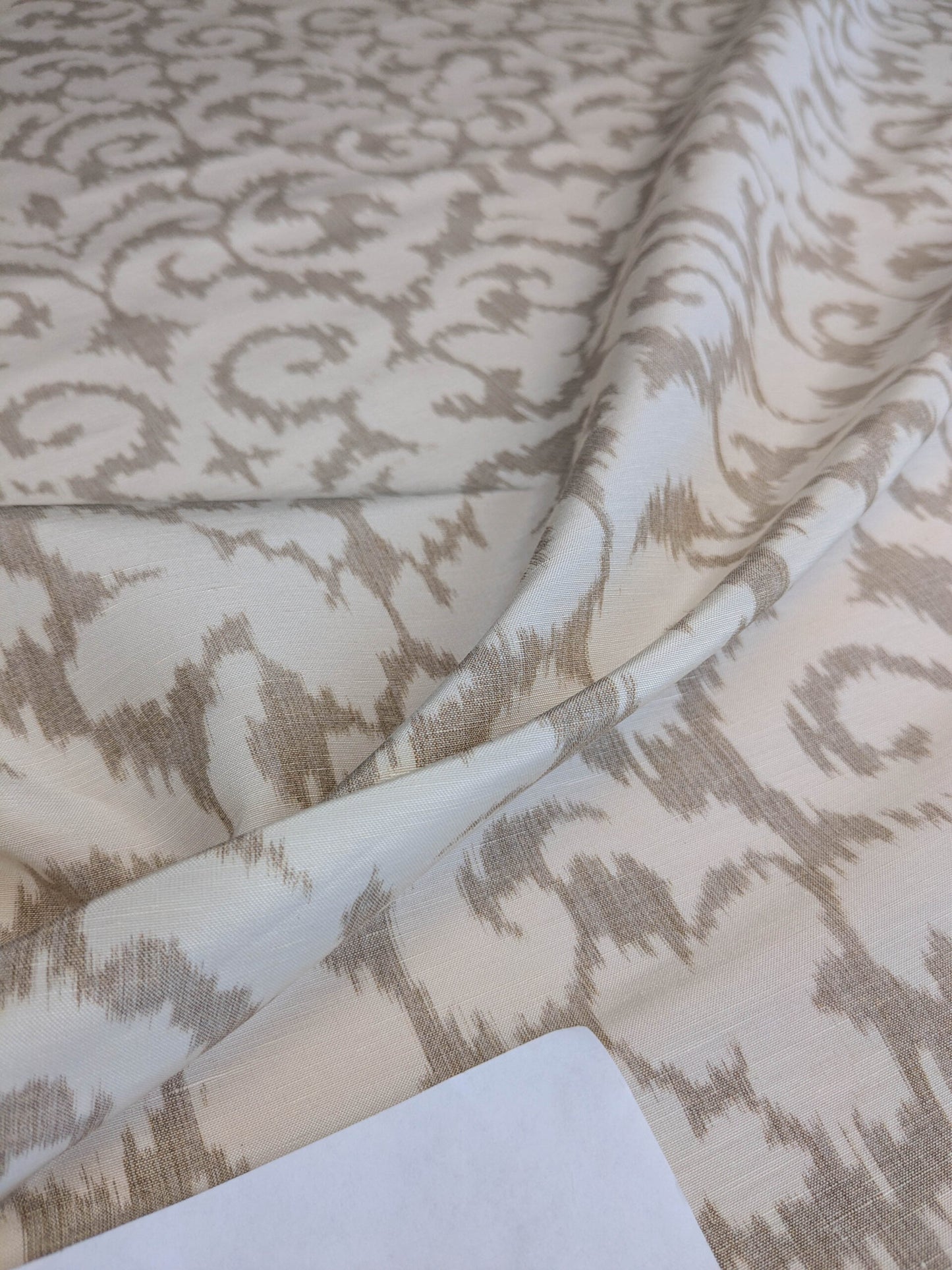 Scalamandre Swirl Beige  White Scroll Damask Ikat Linen Silk MSRP USD 372/y