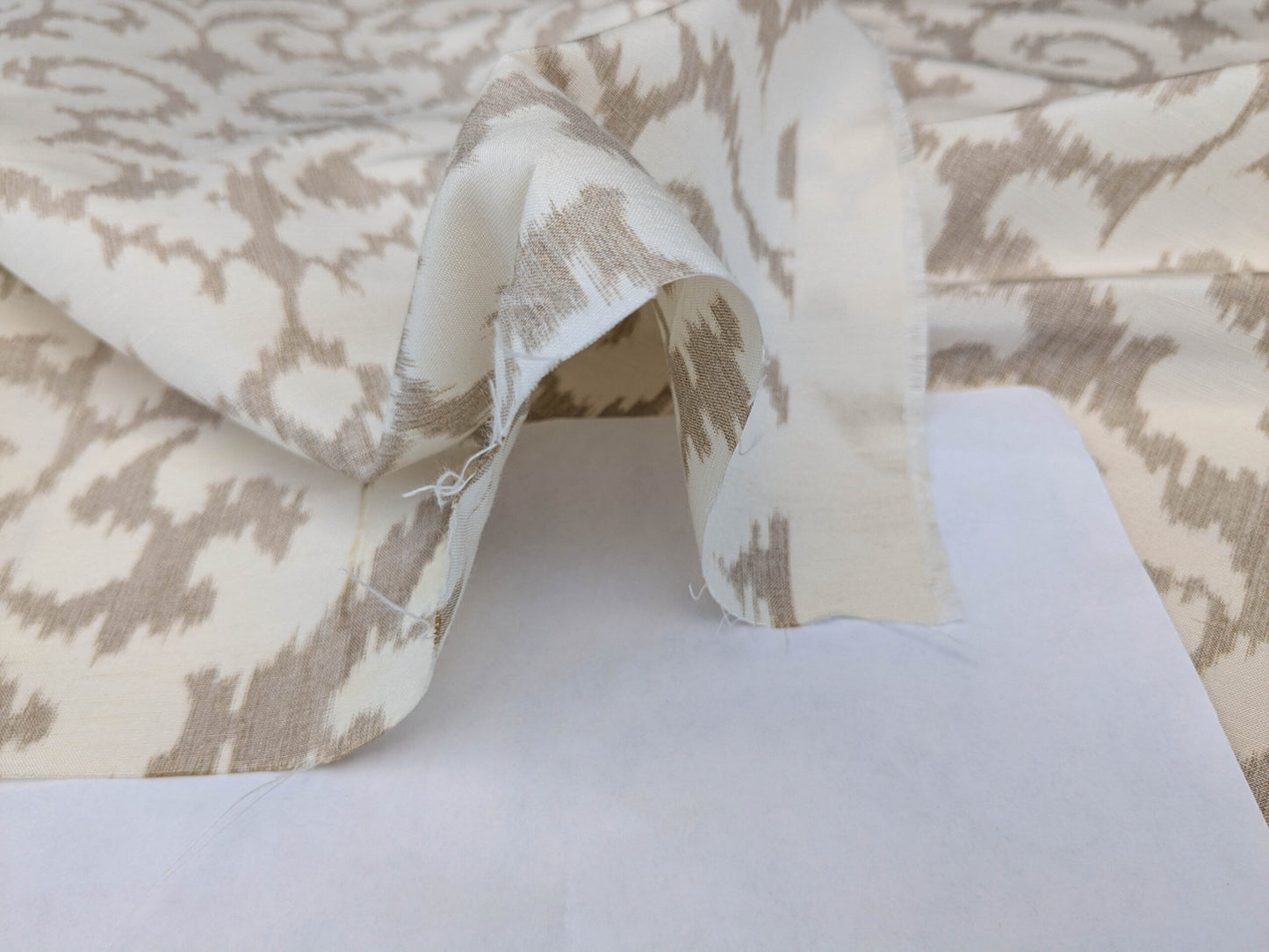 Scalamandre Swirl Beige  White Scroll Damask Ikat Linen Silk MSRP USD 372/y