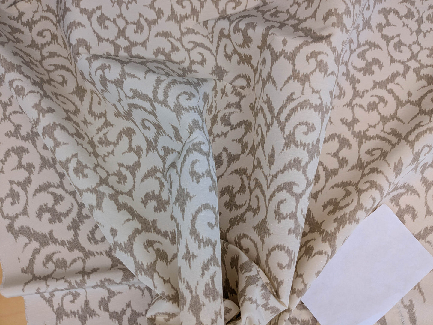 Scalamandre Swirl Beige  White Scroll Damask Ikat Linen Silk MSRP USD 372/y