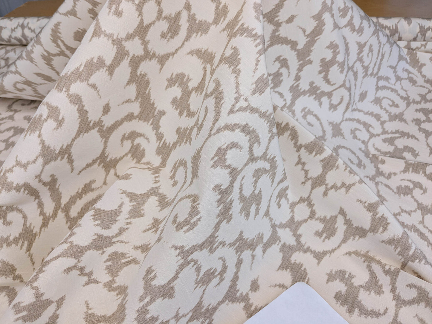 Scalamandre Swirl Beige  White Scroll Damask Ikat Linen Silk MSRP USD 372/y