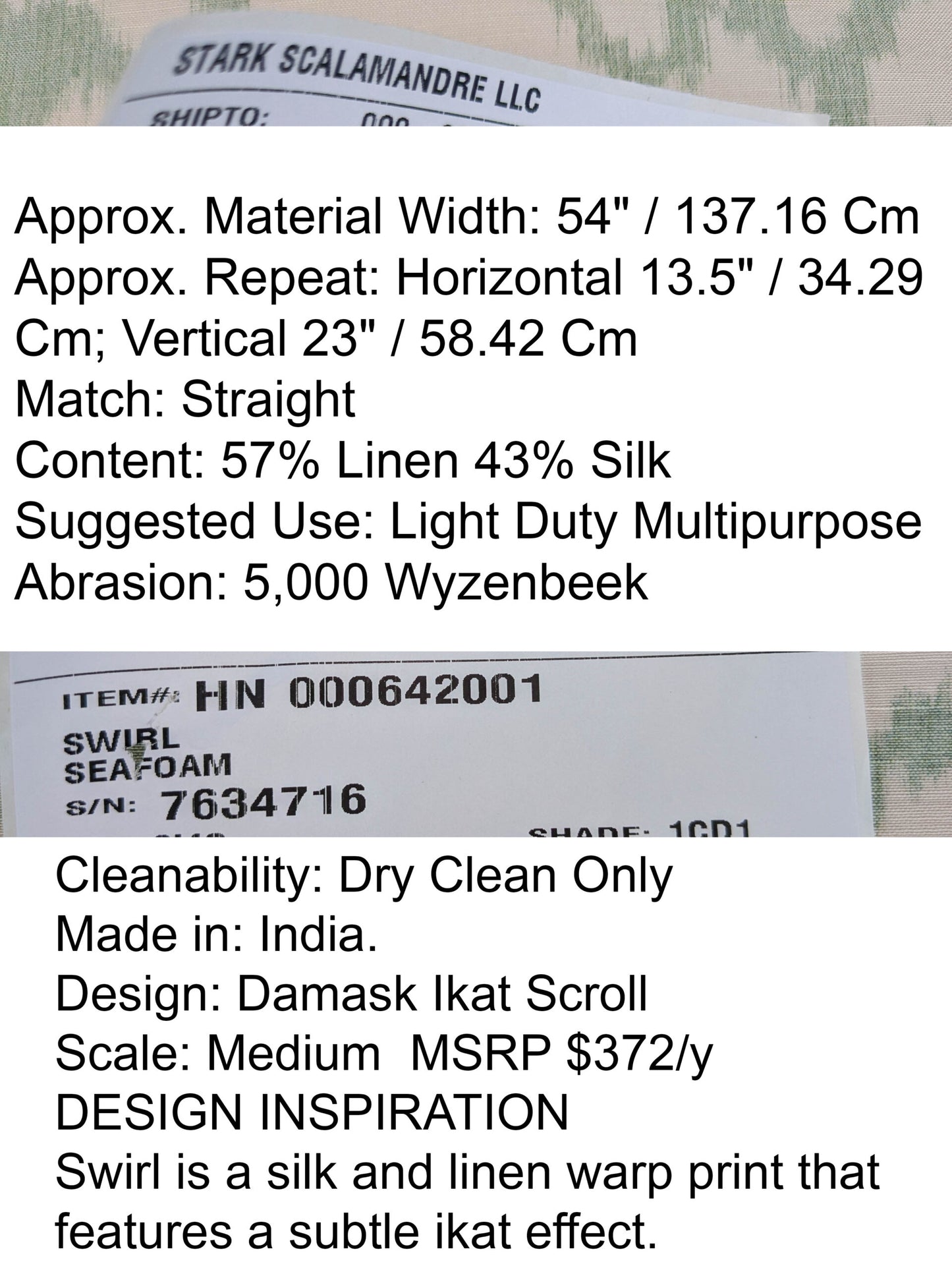 Scalamandre Swirl Seafoam Aqua Blue Green White Scroll Damask Ikat Linen Silk MSRP USD 372/y