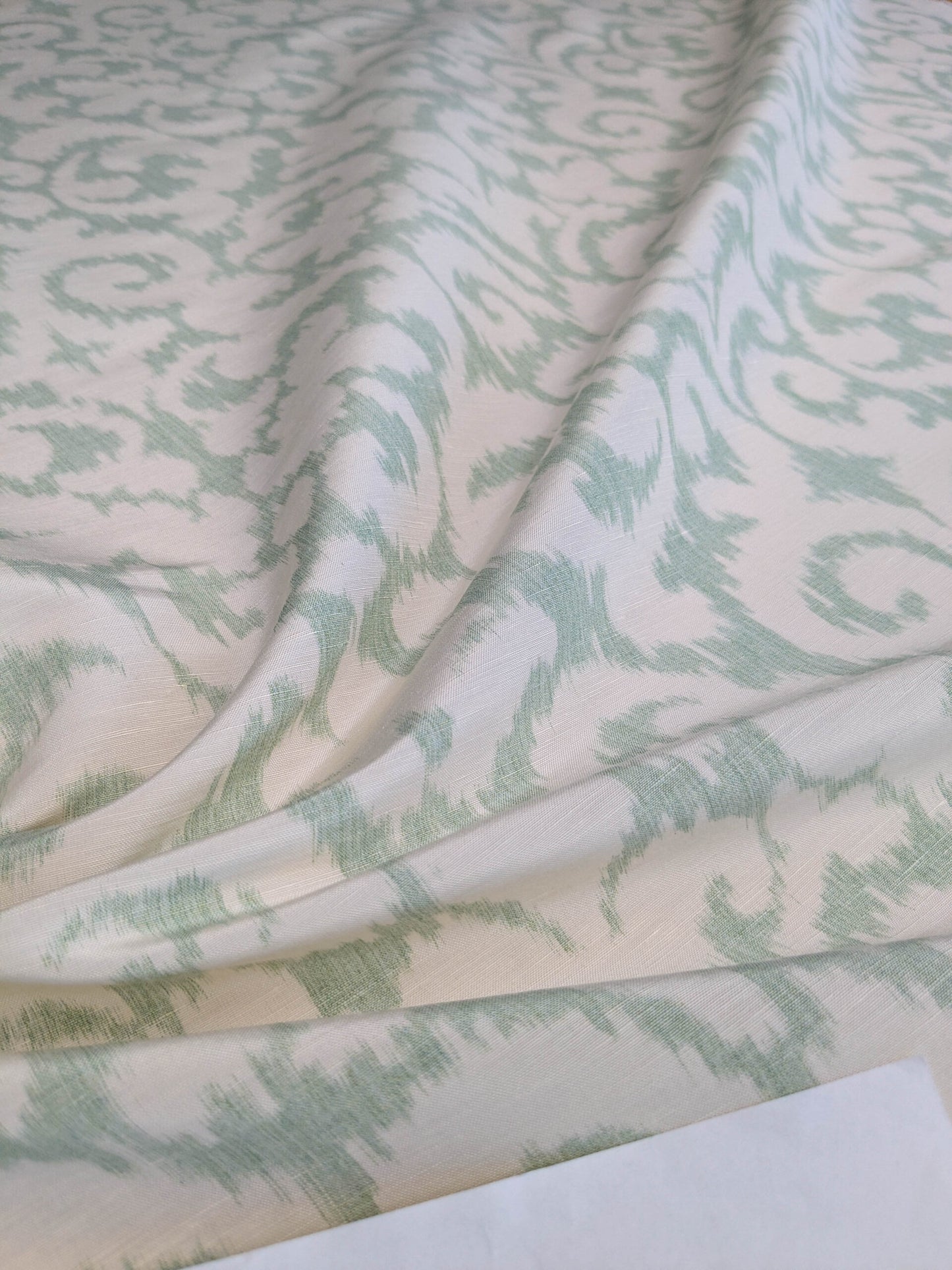 Scalamandre Swirl Seafoam Aqua Blue Green White Scroll Damask Ikat Linen Silk MSRP USD 372/y