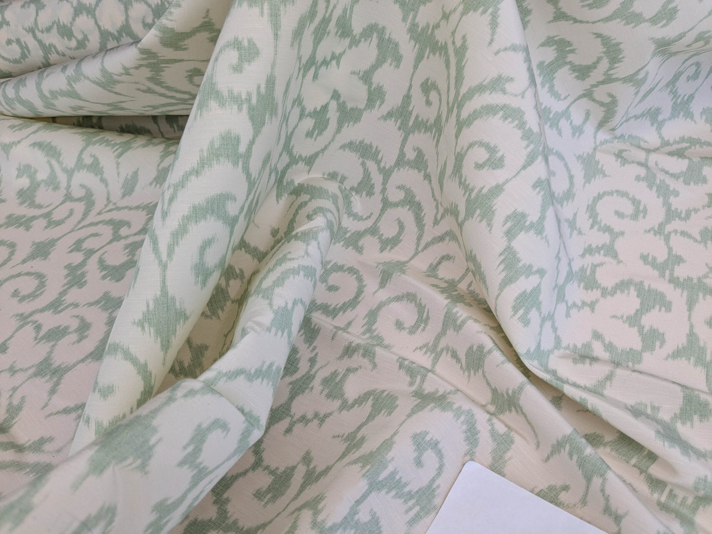 Scalamandre Swirl Seafoam Aqua Blue Green White Scroll Damask Ikat Linen Silk MSRP USD 372/y