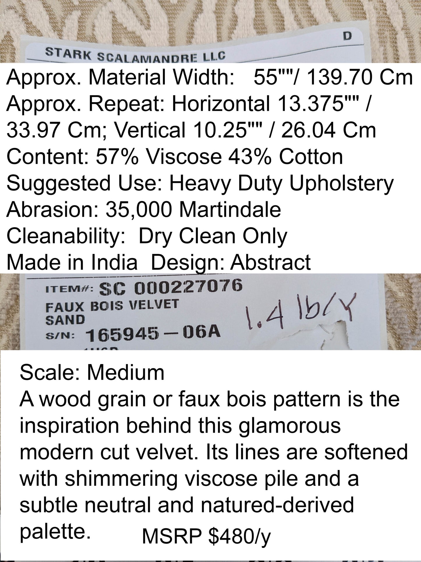 0.75 yards Scalamanre Faux Bois Velvet Sand Beige Abstract MSRP USD480/y