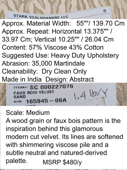 0.75 yards Scalamanre Faux Bois Velvet Sand Beige Abstract MSRP USD480/y