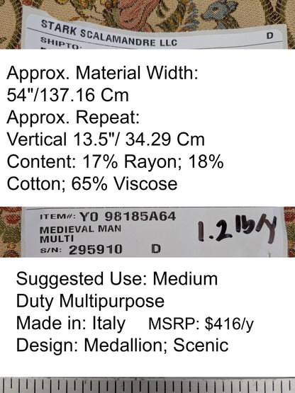 Scalamandre Medieval Man Multi  Beige Red Medallion Scenic Figurative Renaissance Fair Lion MSRP USD416/y