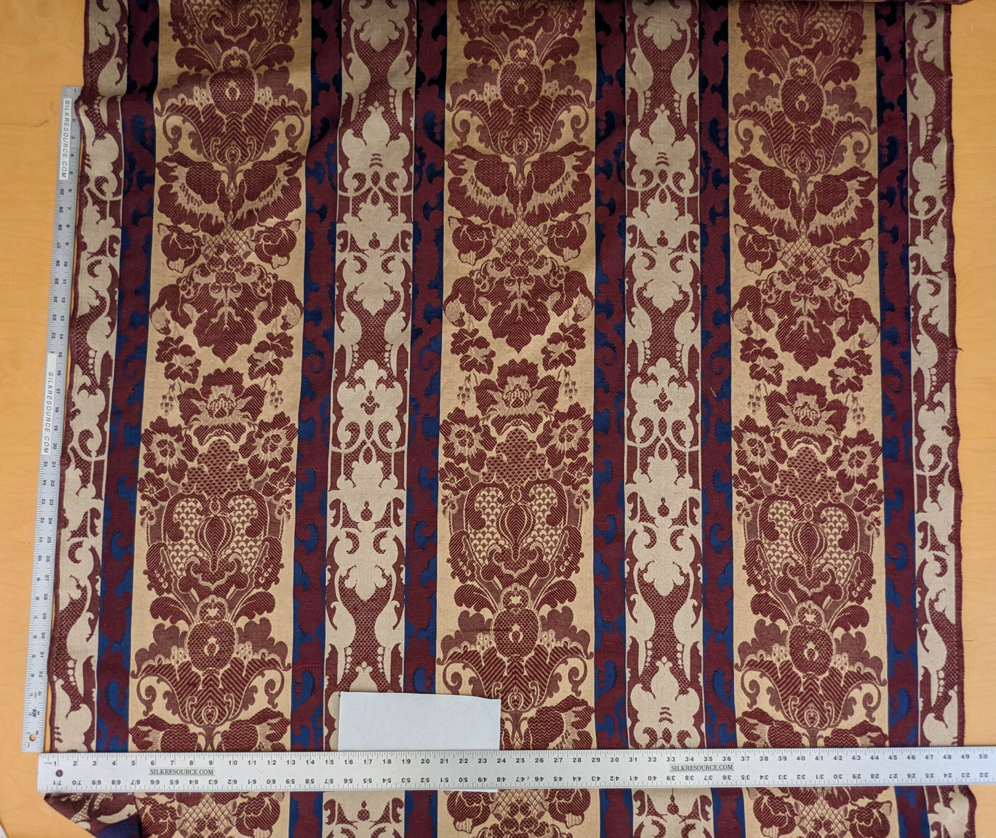 Scalamandre Renwick Gallery Wine Beige &amp; Blue Stripe Smithsonian American Art Museum Damask Renaissance Cotton MSRP USD 444/y