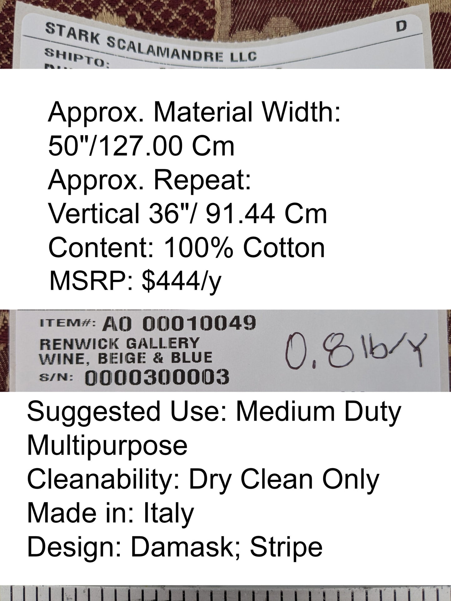 Scalamandre Renwick Gallery Wine Beige &amp; Blue Stripe Smithsonian American Art Museum Damask Renaissance Cotton MSRP USD 444/y