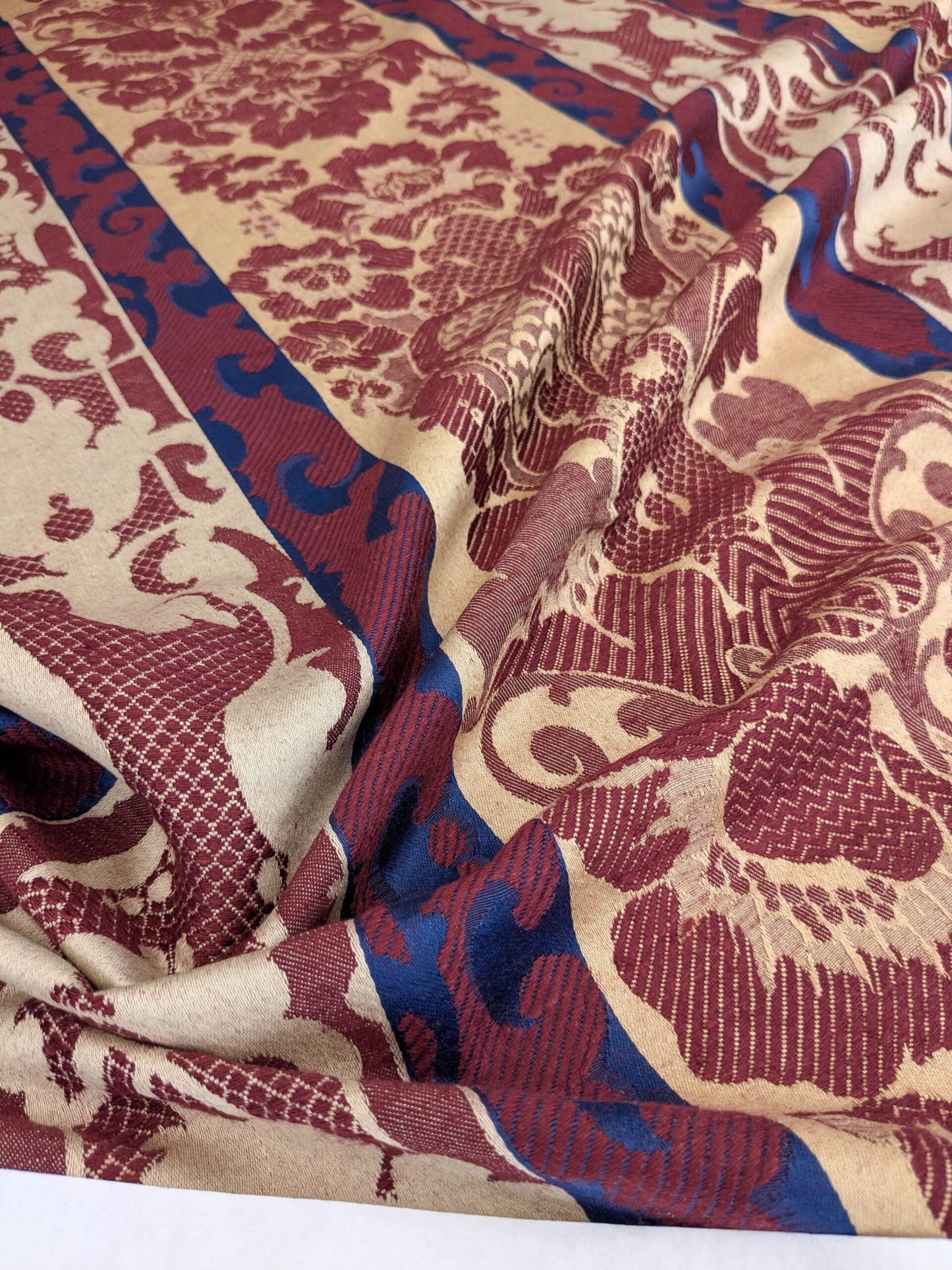 Scalamandre Renwick Gallery Wine Beige &amp; Blue Stripe Smithsonian American Art Museum Damask Renaissance Cotton MSRP USD 444/y