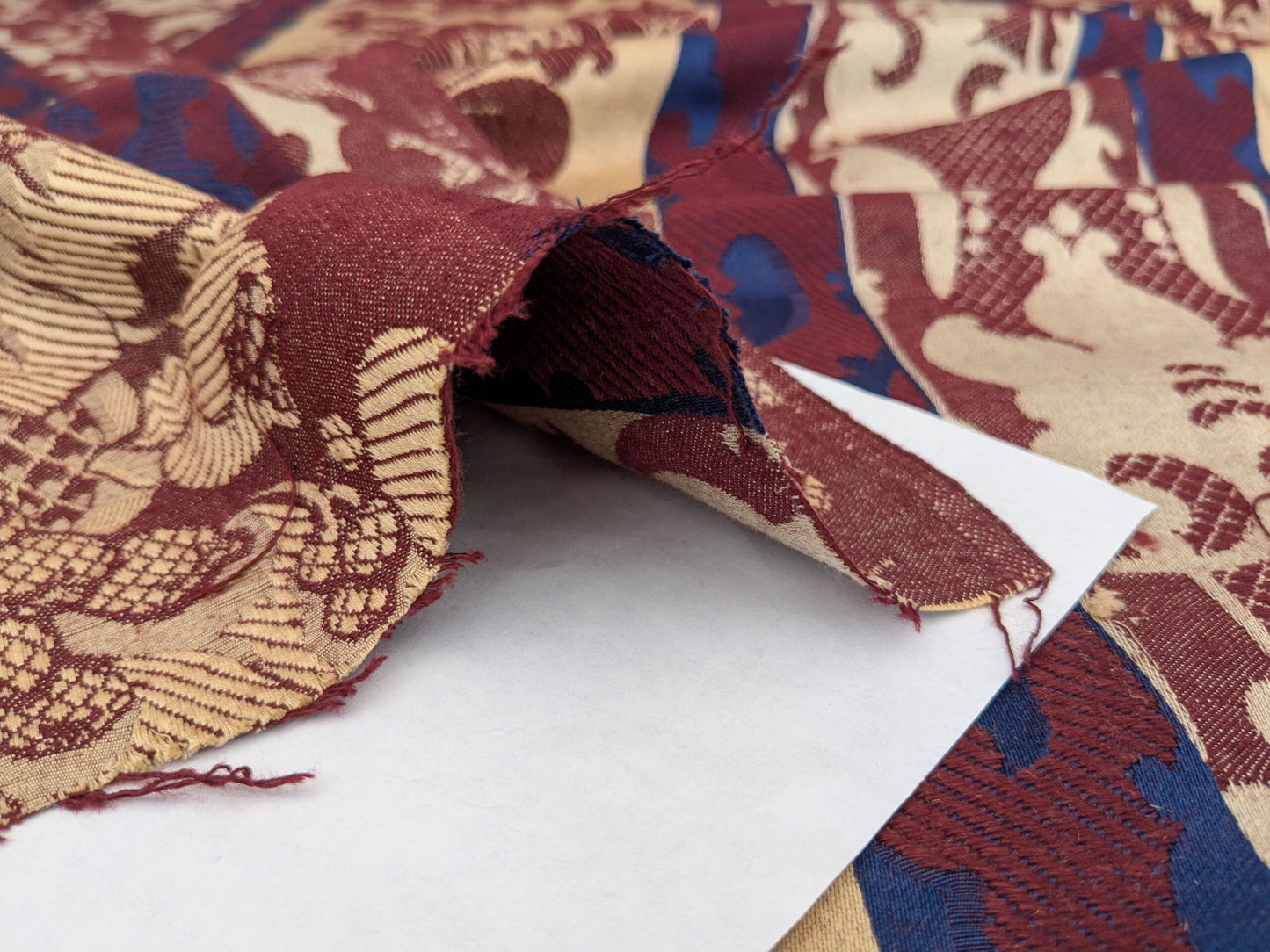 Scalamandre Renwick Gallery Wine Beige &amp; Blue Stripe Smithsonian American Art Museum Damask Renaissance Cotton MSRP USD 444/y