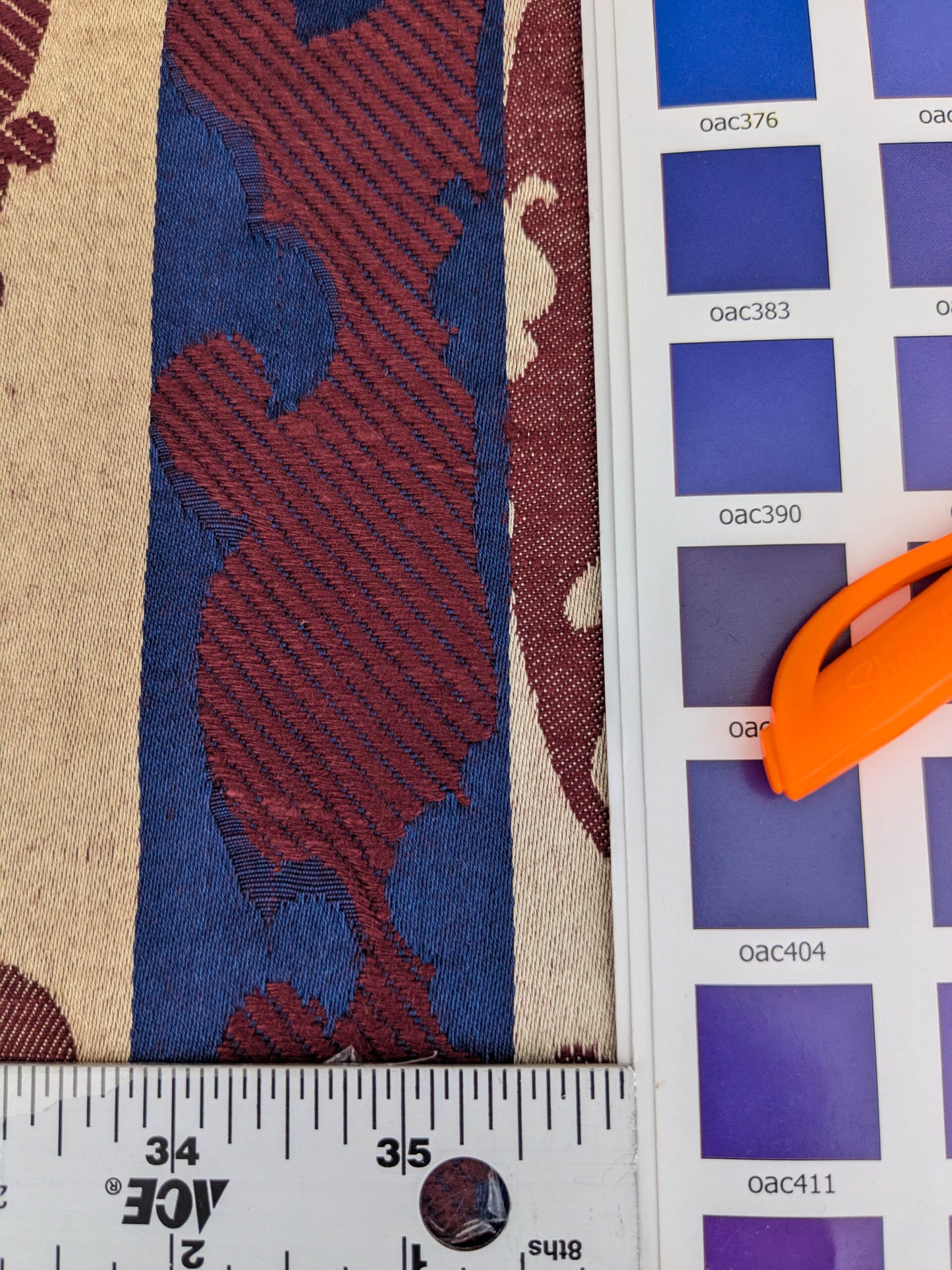 Scalamandre Renwick Gallery Wine Beige &amp; Blue Stripe Smithsonian American Art Museum Damask Renaissance Cotton MSRP USD 444/y