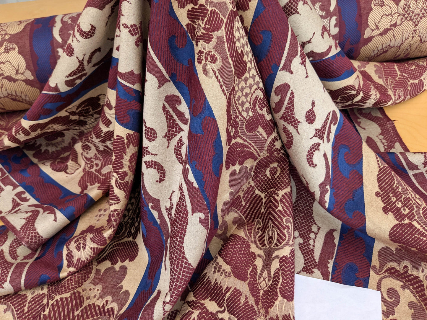 Scalamandre Renwick Gallery Wine Beige &amp; Blue Stripe Smithsonian American Art Museum Damask Renaissance Cotton MSRP USD 444/y