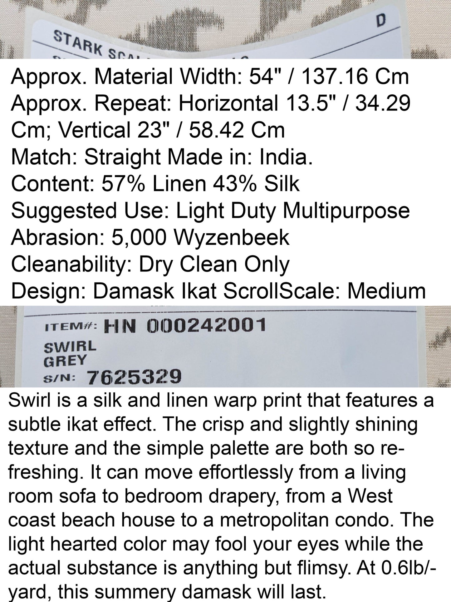 Scalamandre Swirl Grey Beige Scroll Damask Ikat Linen Silk MSRP USD 372/y