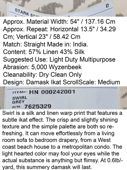 Scalamandre Swirl Grey Beige Scroll Damask Ikat Linen Silk MSRP USD 372/y