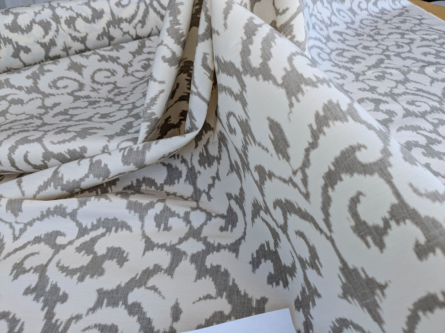 Scalamandre Swirl Grey Beige Scroll Damask Ikat Linen Silk MSRP USD 372/y