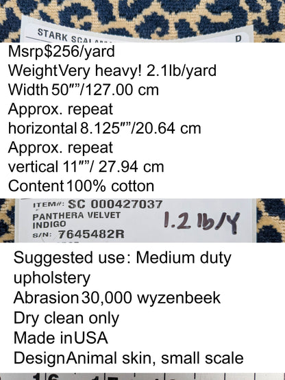 1.4Y Scalamandre Panthera Velvet Indigo Blue Beige Panther Leopard Skin Cotton MSRP USD 395/Y