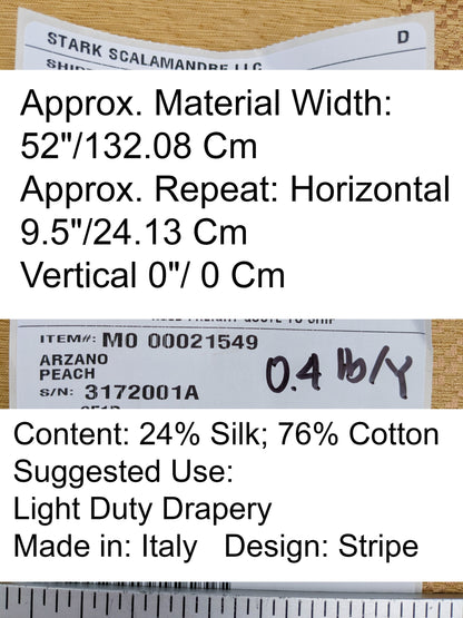 Scalamandre Arzano Peach Brown Silk Cotton Wide Stripe MSRP USD 332/y