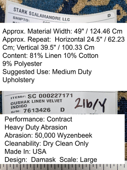 Scalamandre Oushak Linen Velvet Indigo Blue Brown Black  Damask Art Deco MSRP US638/Y