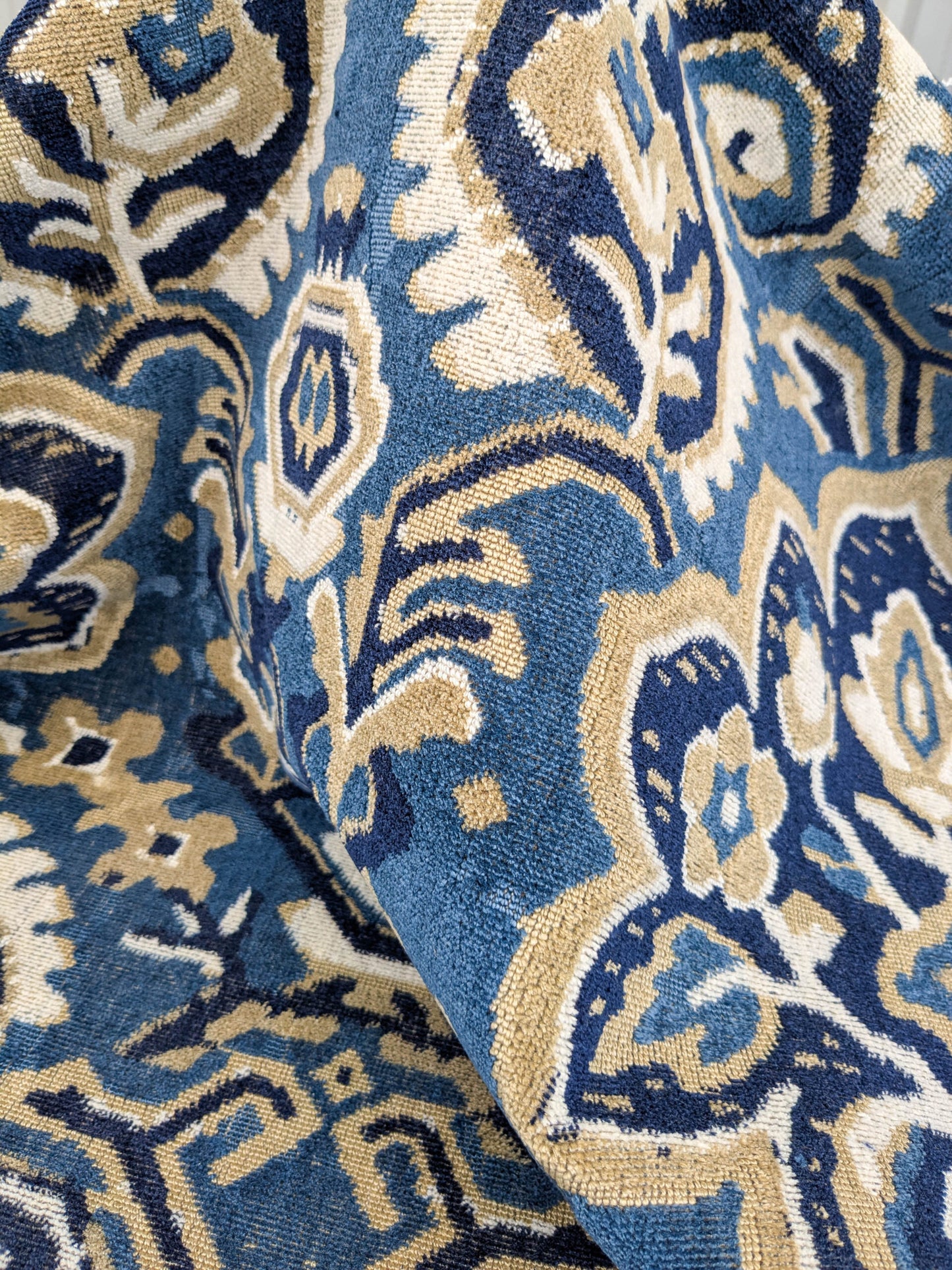 Scalamandre Oushak Linen Velvet Indigo Blue Brown Black  Damask Art Deco MSRP US638/Y