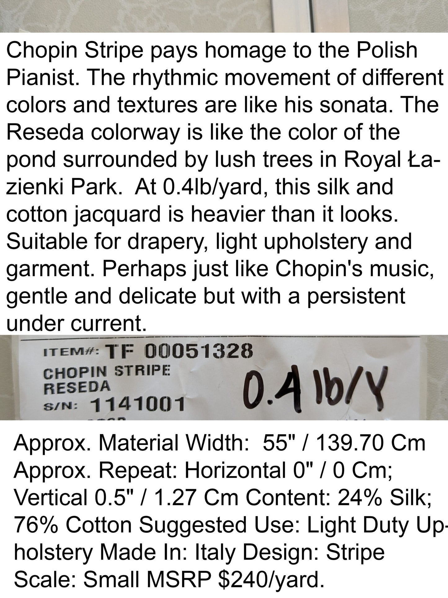 Scalamandre Chopin Stripe Reseda Green Bay Grey Green Silk Cotton MSRP USD 240/Yard