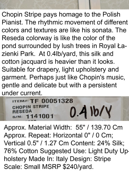 Scalamandre Chopin Stripe Reseda Green Bay Grey Green Silk Cotton MSRP USD 240/Yard
