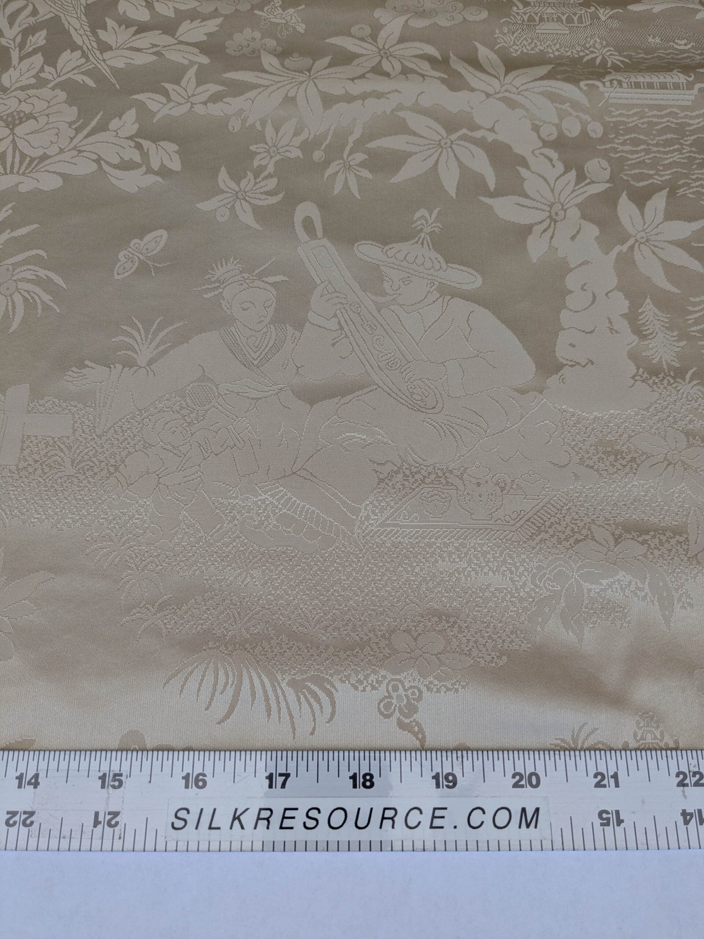 100% Silk Damask Chinoiserie Toile Music Garden "nimbus" Cream White