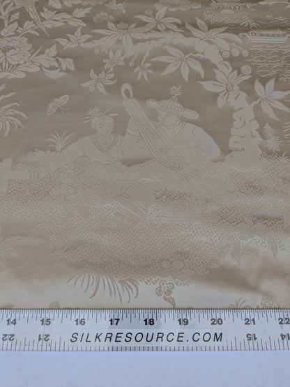 100% Silk Damask Chinoiserie Toile Music Garden "nimbus" Cream White