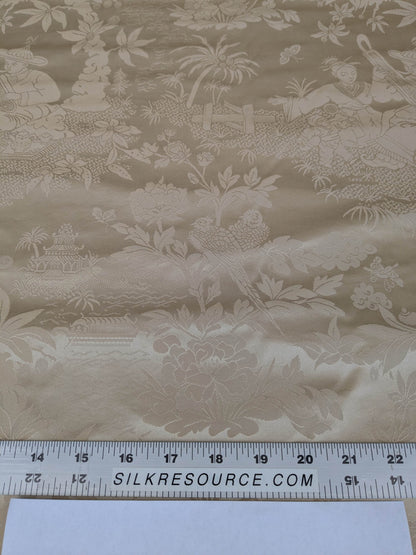 100% Silk Damask Chinoiserie Toile Music Garden "nimbus" Cream White