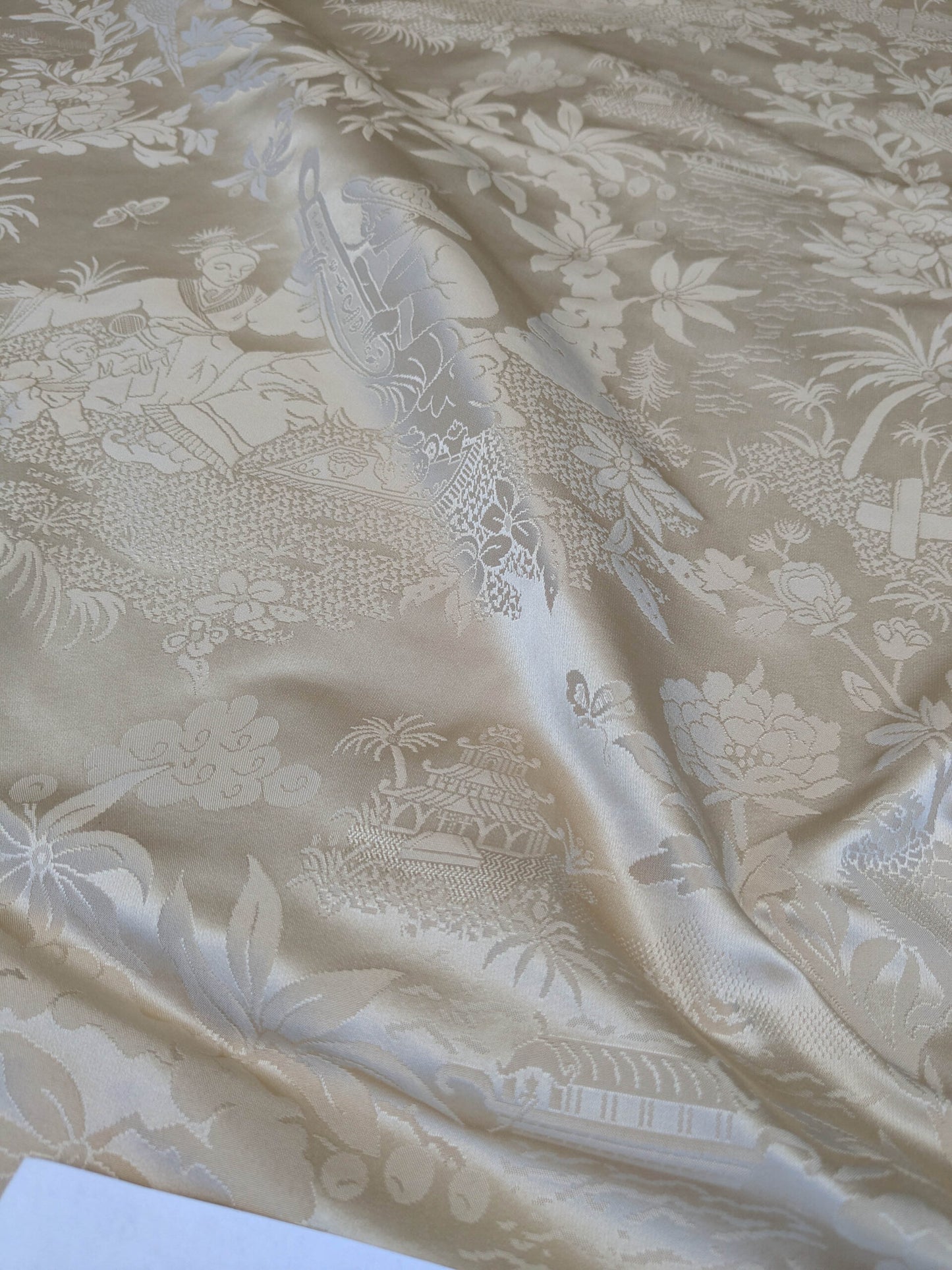 100% Silk Damask Chinoiserie Toile Music Garden "nimbus" Cream White