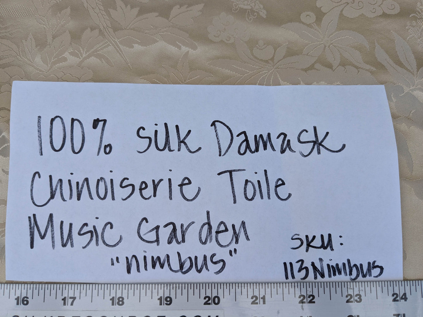 100% Silk Damask Chinoiserie Toile Music Garden "nimbus" Cream White