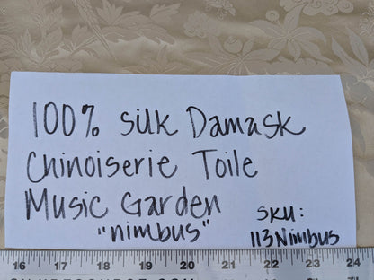 100% Silk Damask Chinoiserie Toile Music Garden "nimbus" Cream White
