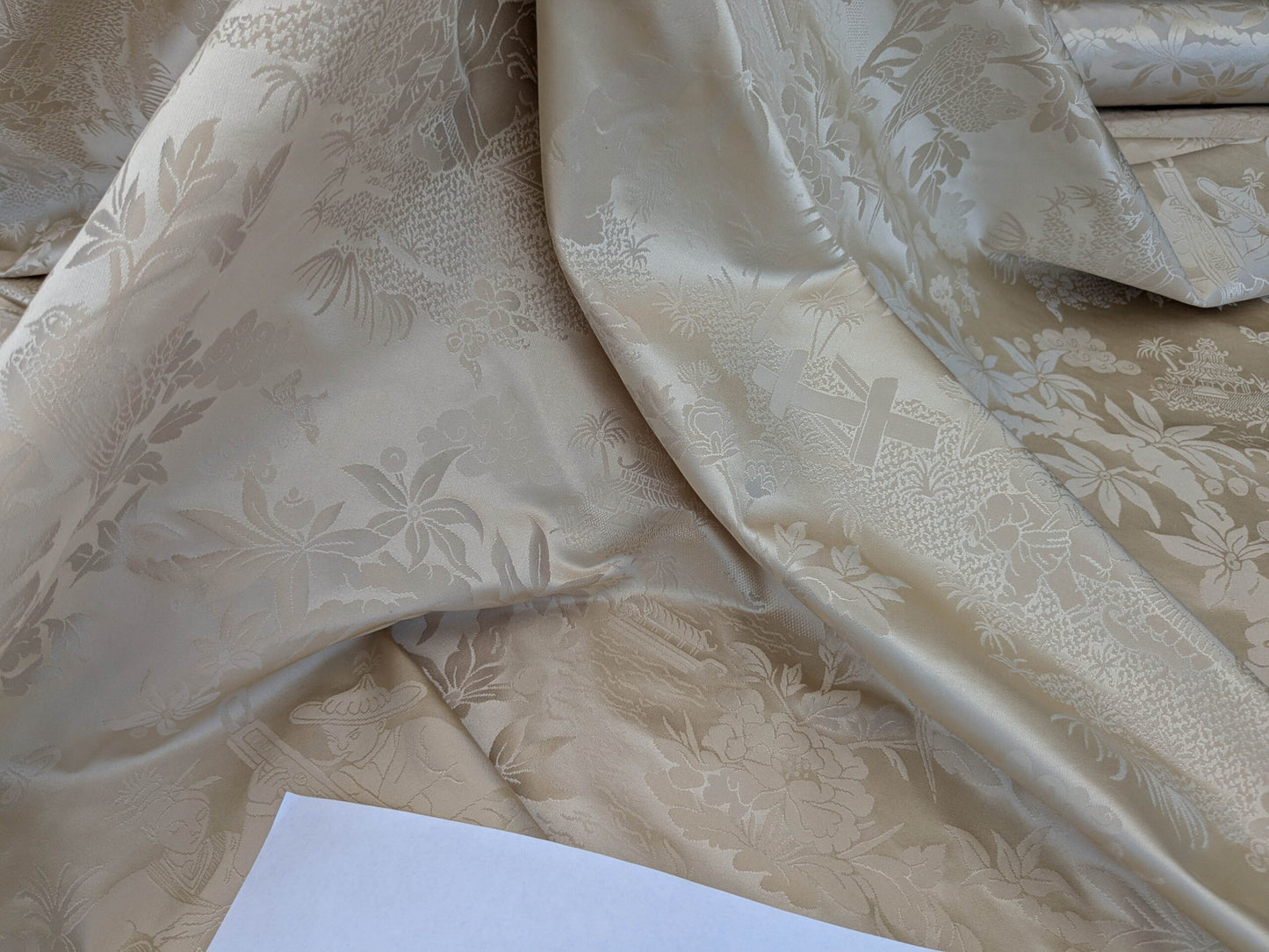 100% Silk Damask Chinoiserie Toile Music Garden "nimbus" Cream White