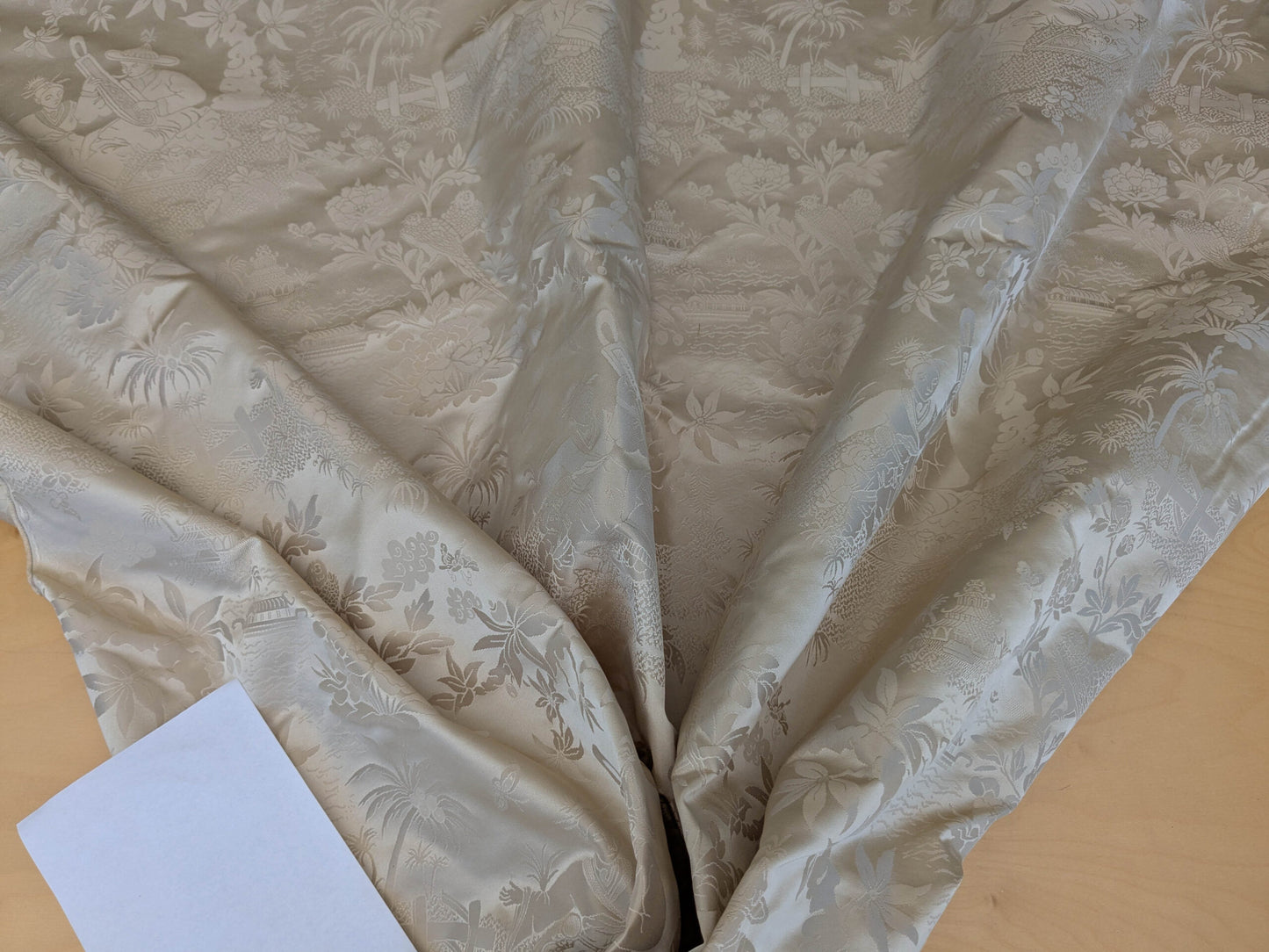 100% Silk Damask Chinoiserie Toile Music Garden "nimbus" Cream White