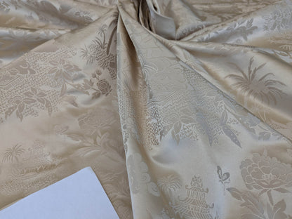 100% Silk Damask Chinoiserie Toile Music Garden "nimbus" Cream White