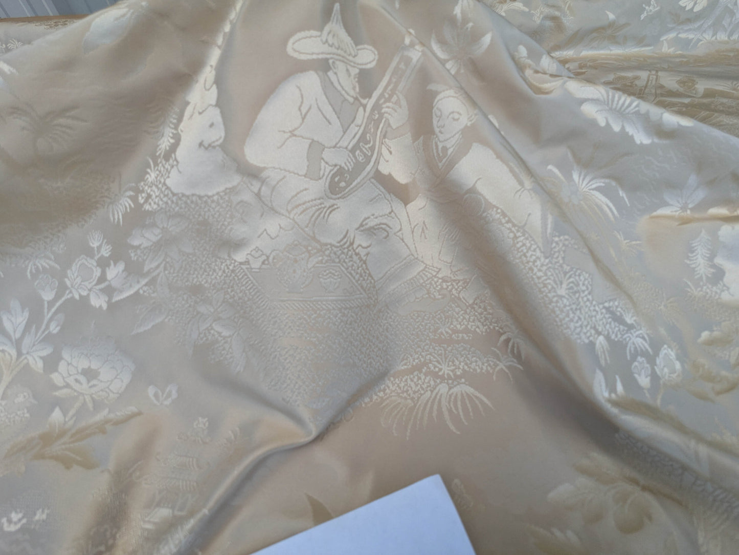 100% Silk Damask Chinoiserie Toile Music Garden "nimbus" Cream White