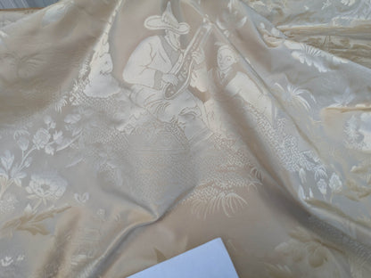 100% Silk Damask Chinoiserie Toile Music Garden "nimbus" Cream White