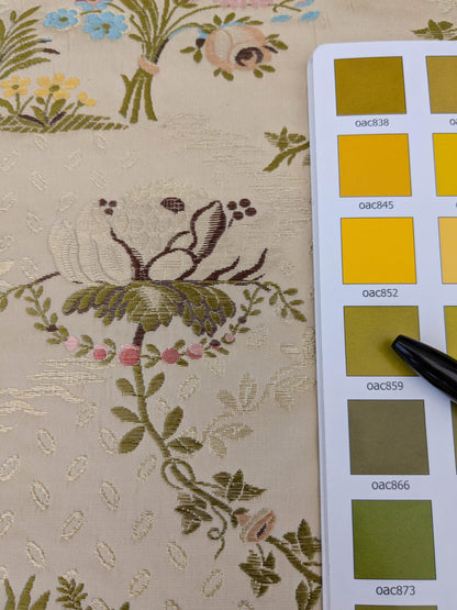 Scalamandre Lelievre Lampas Poussin Beige Green Pink Silk Floral Weave MSRP USD 1472/y