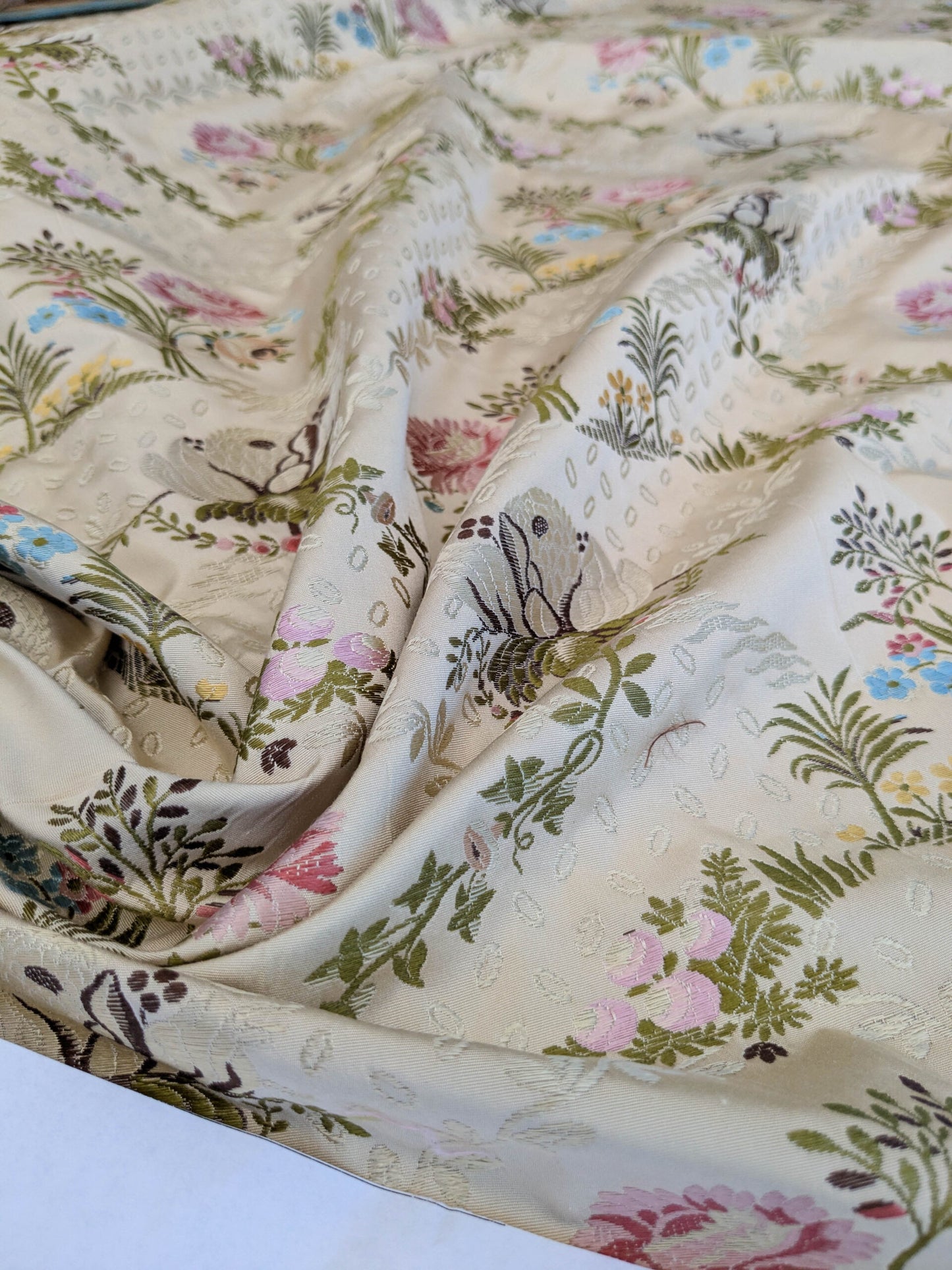 Scalamandre Lelievre Lampas Poussin Beige Green Pink Silk Floral Weave MSRP USD 1472/y